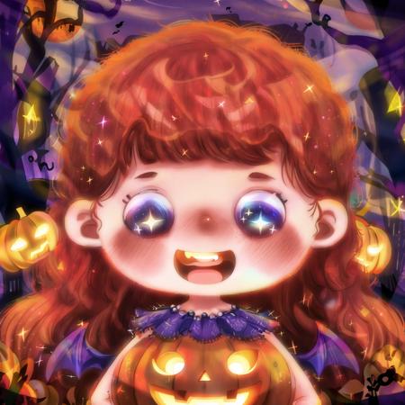 04970-3437838918-_lora_lbtx-013_0.8_,1girl,solo,((Halloween)),red hair,bangs,smile,open mouth,blue eyes,long hair,Demon Wings,halo,teeth,sparkle,.png